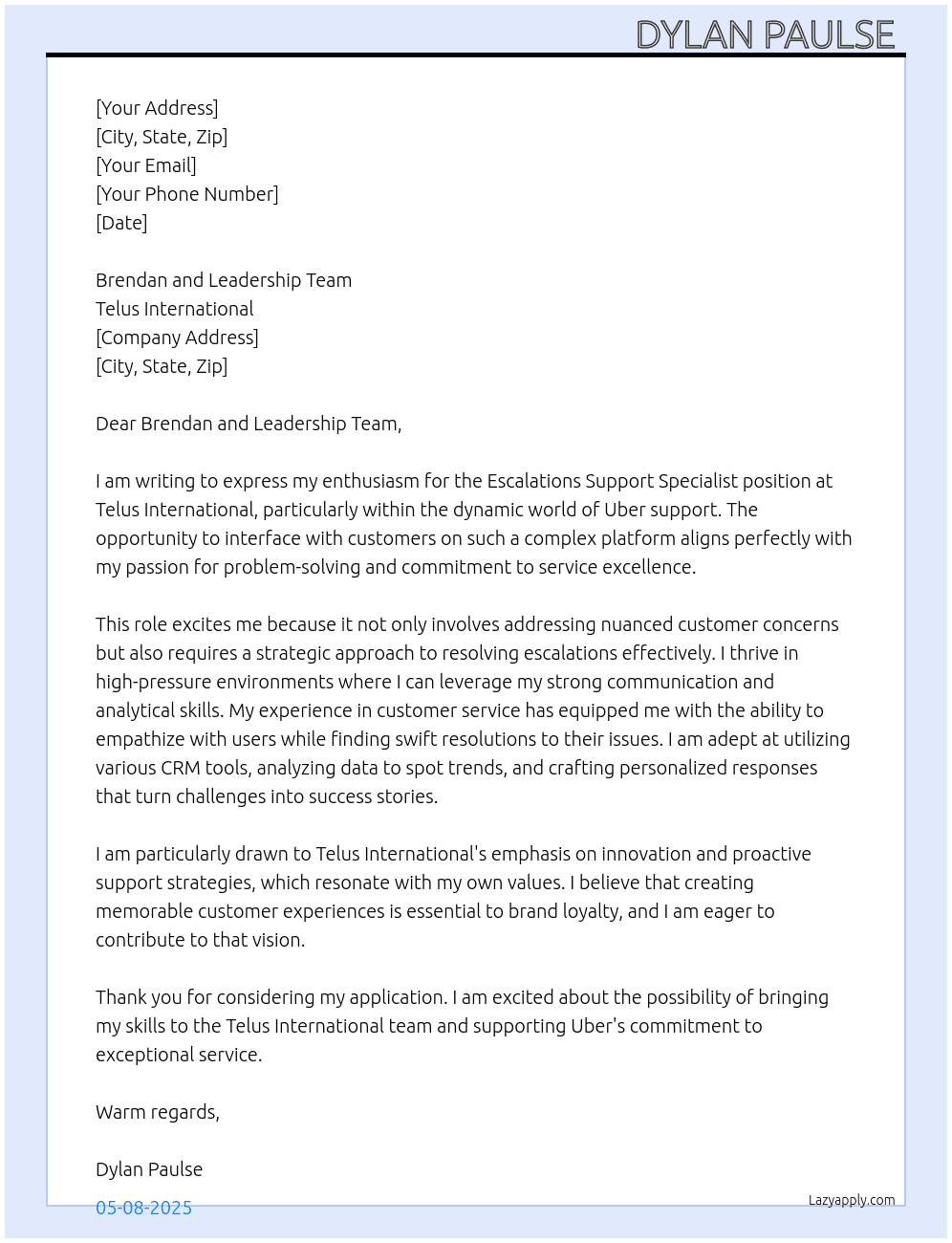 Uber Escalations Support Specialist  At Telus International  Cover Letter