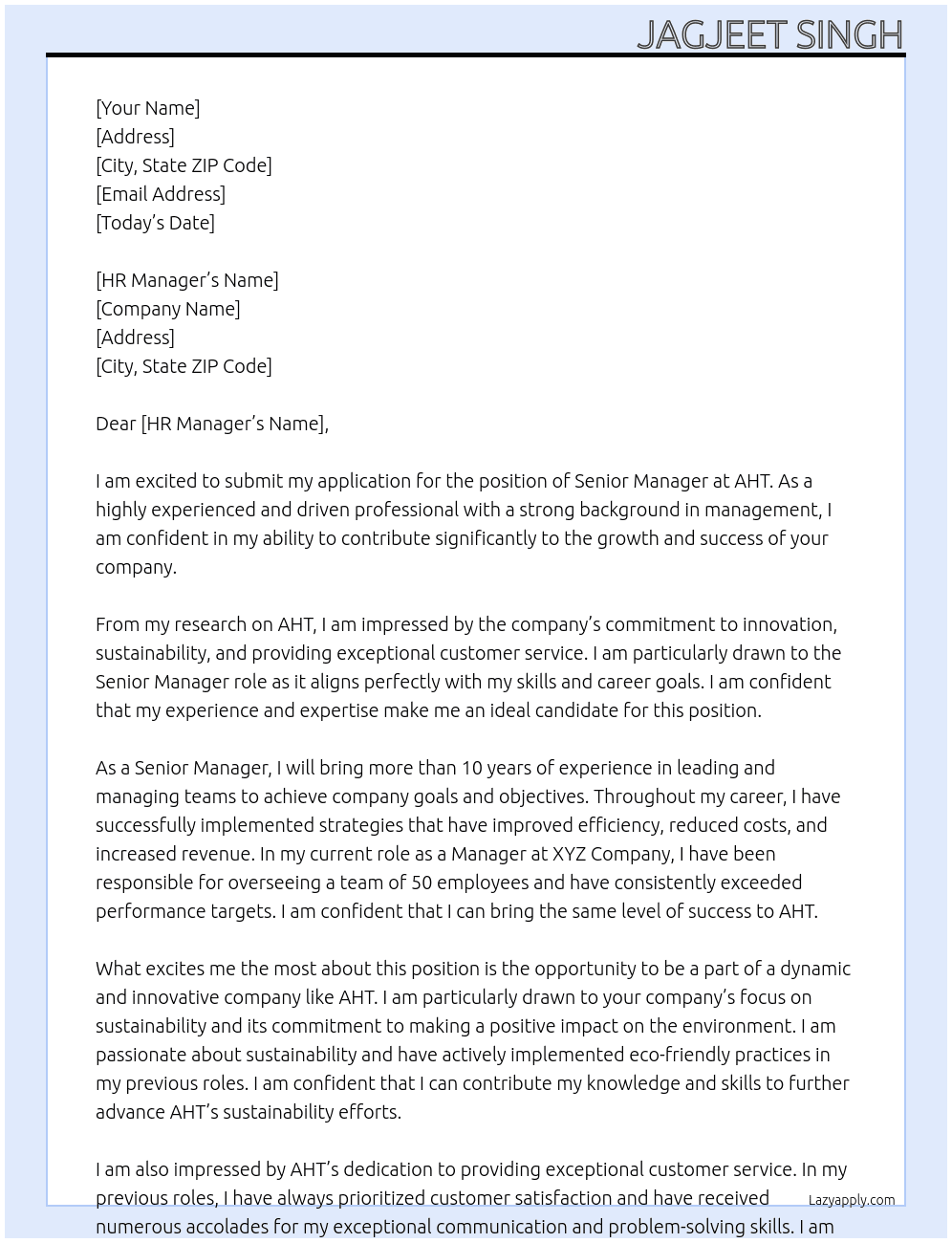 Senior manager At AHT Cover Letter