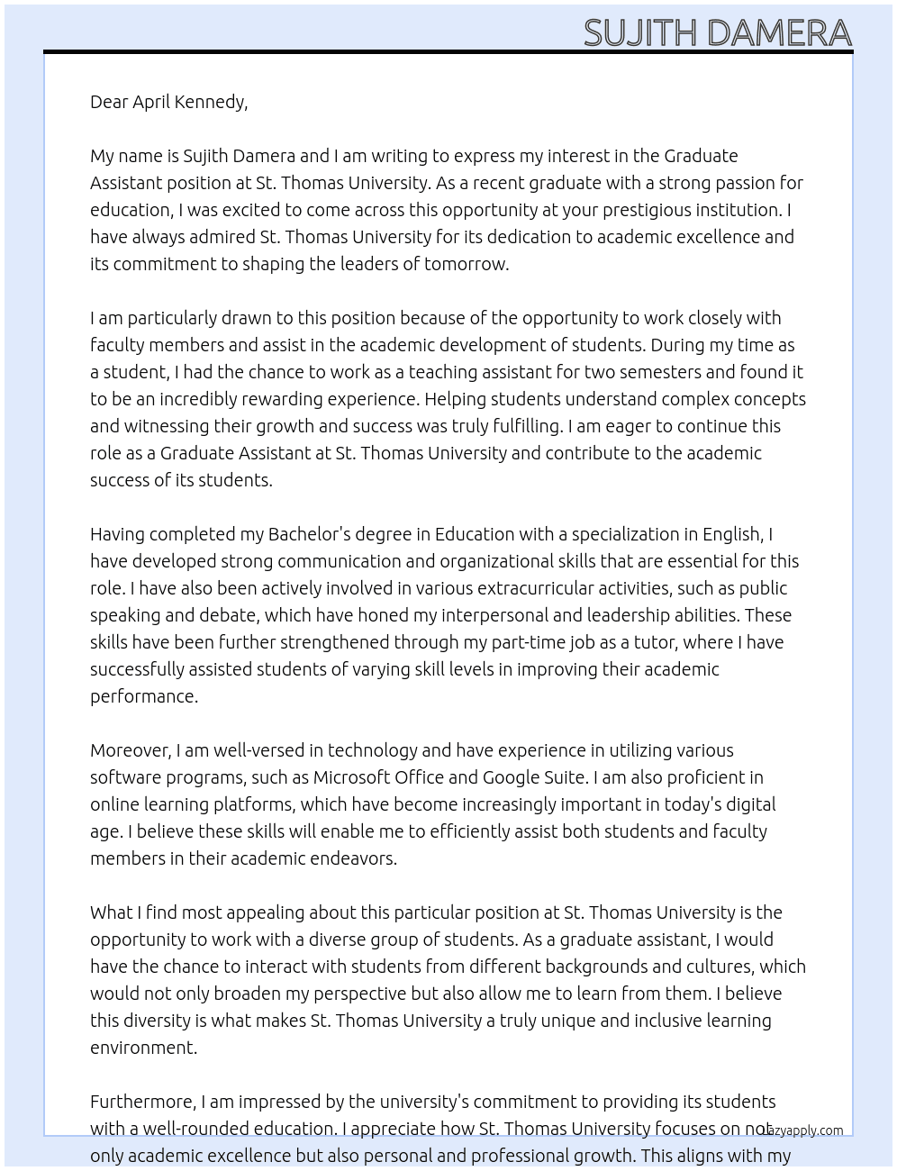 GRADUATE ASSISTANT At ST THOMAS UNIVERSITY Cover Letter