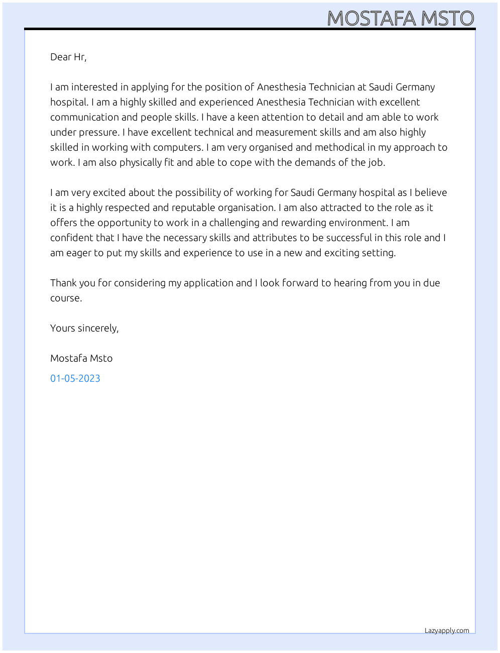 Anesthesia technician  At Saudi Germany hospital  Cover Letter