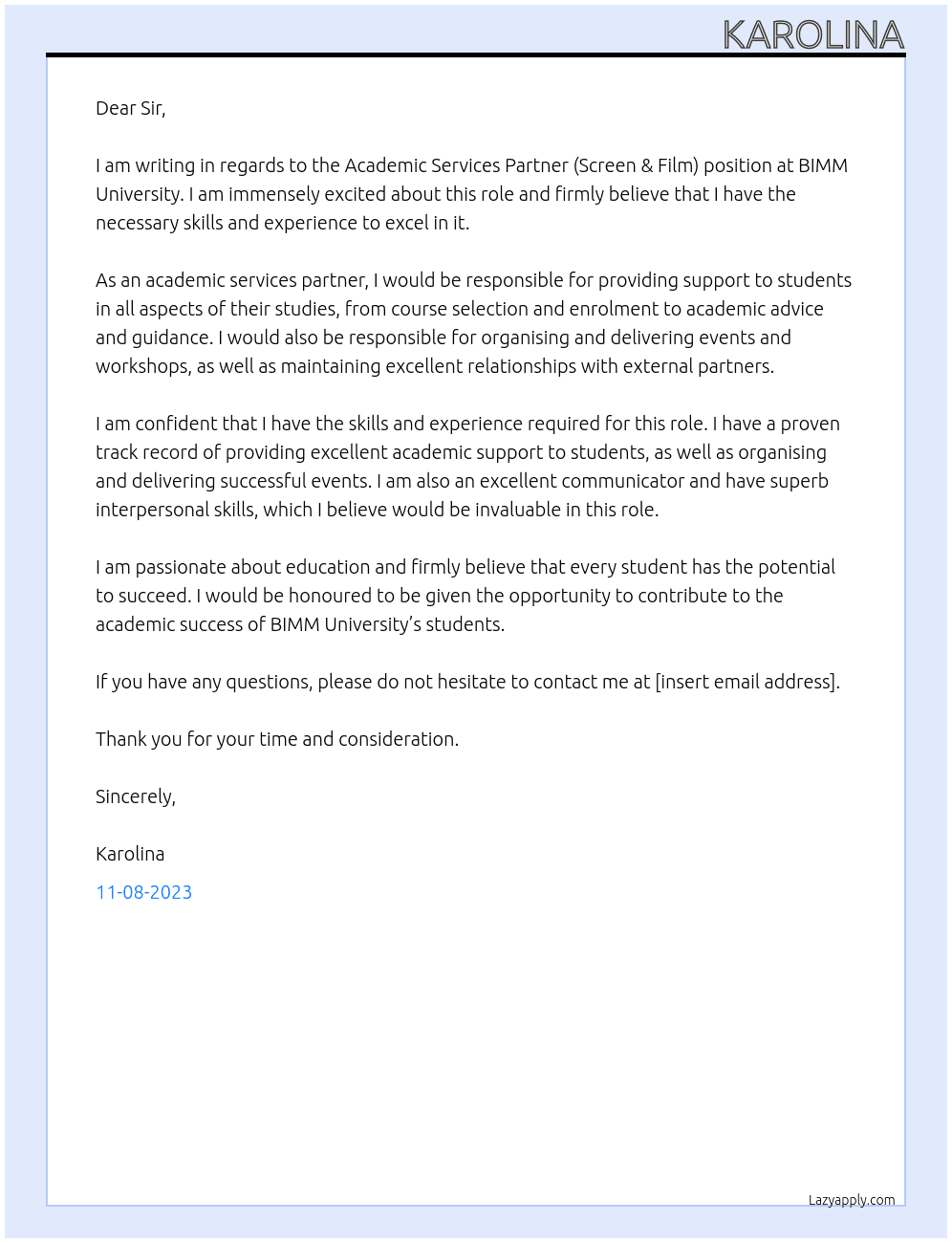 Academic Services Partner (Screen & Film) At BIMM University Cover Letter