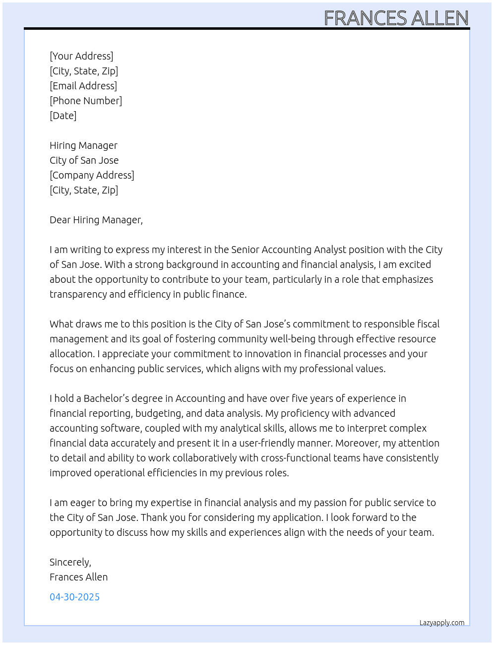 Senior Accounting Analyst At City of San Jose Cover Letter