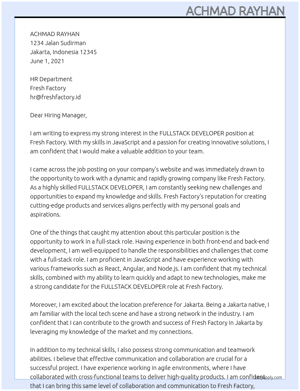 FULLSTACK DEVELOPER At hr@freshfactory.id Cover Letter