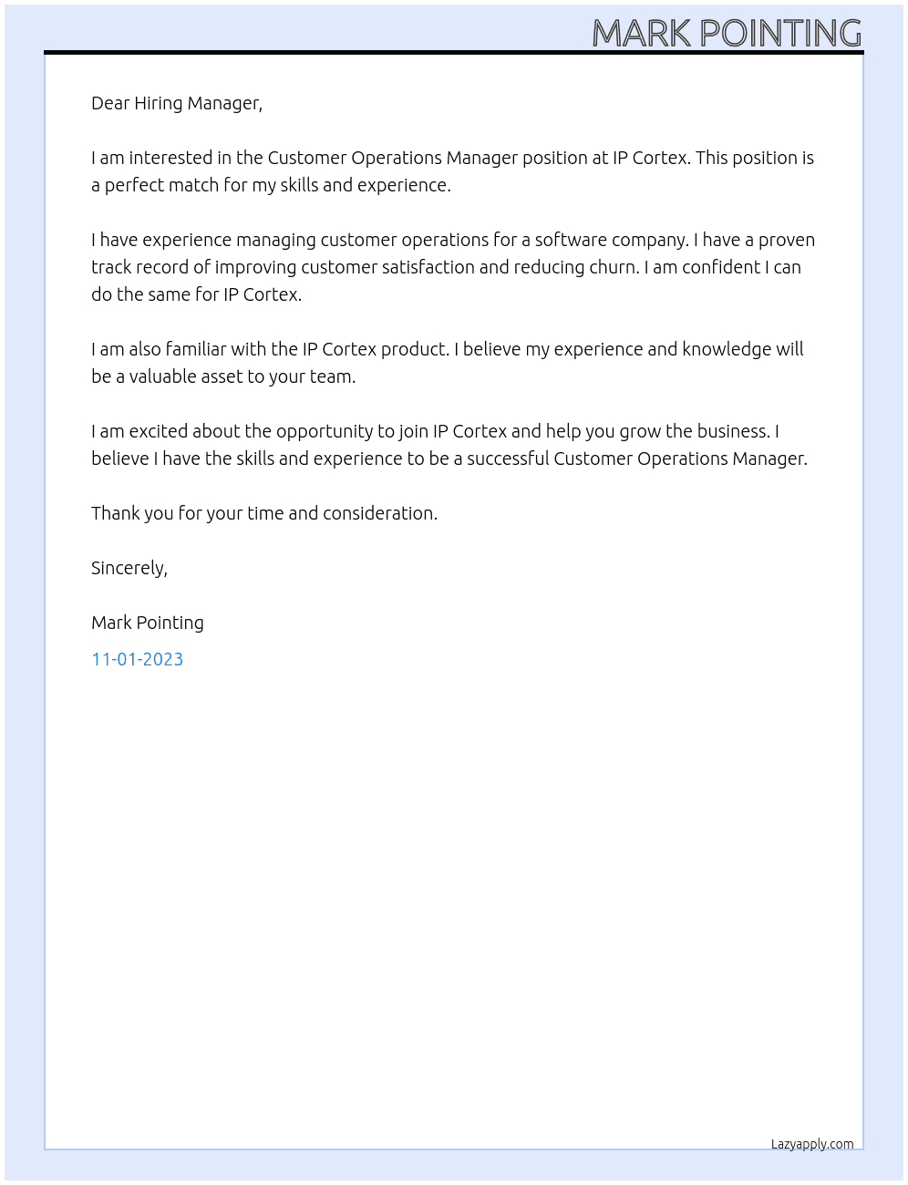 Customer Operations Manager At IP Cortex Cover Letter