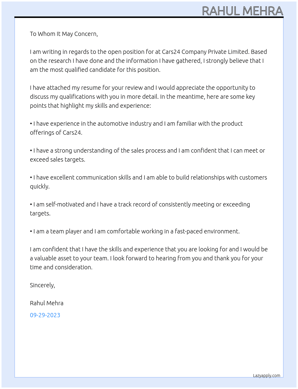 cars24 company private limited At rahul singh Cover Letter