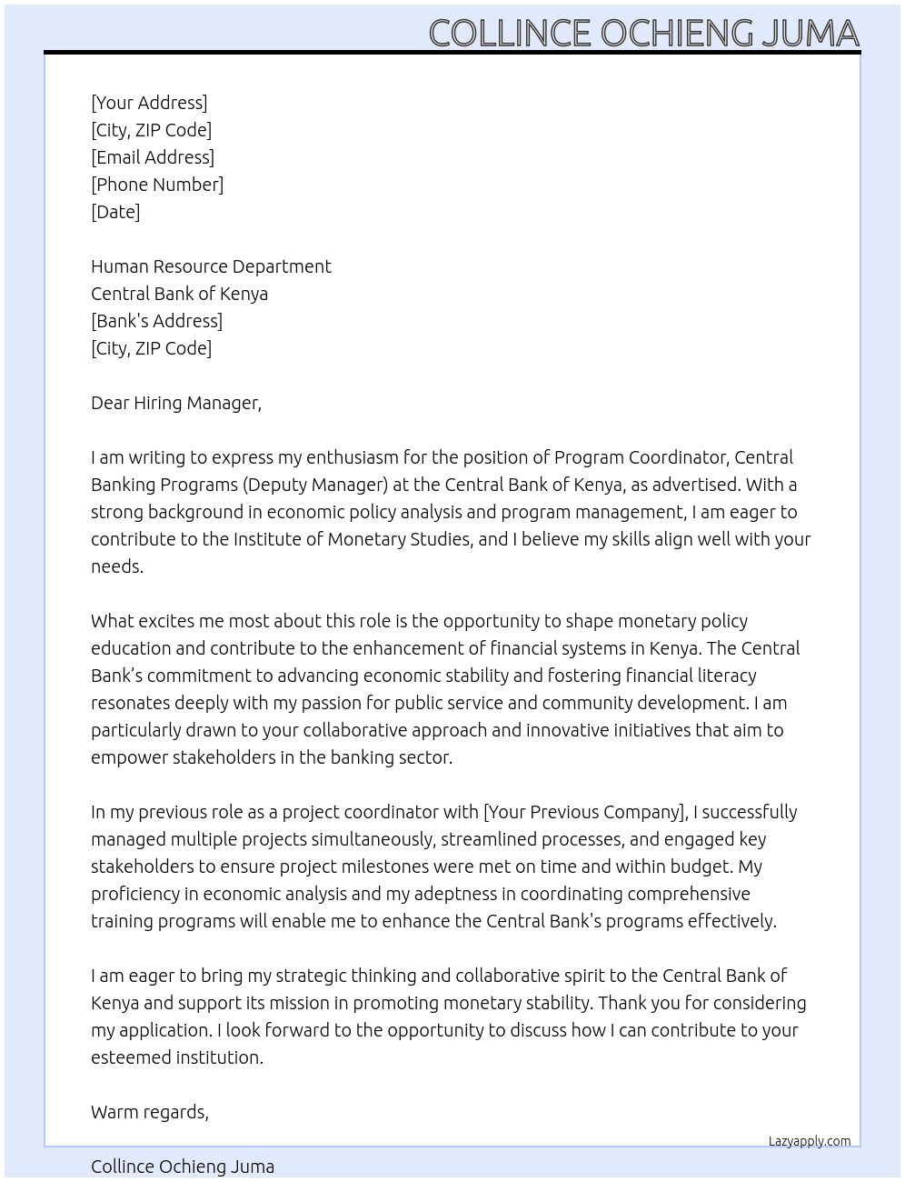 Program Coordinator, Central Banking Programs (Deputy Manager) - CBK - Institute of Monetary Studies At CENTRAL BANK OF KENYA Cover Letter
