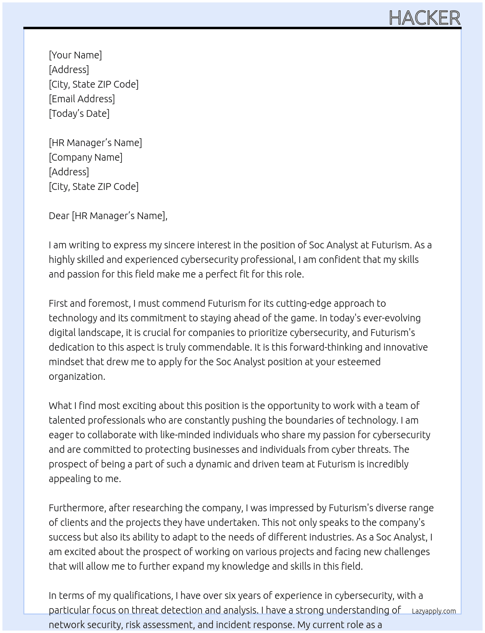 Soc analyst  At Futurism  Cover Letter