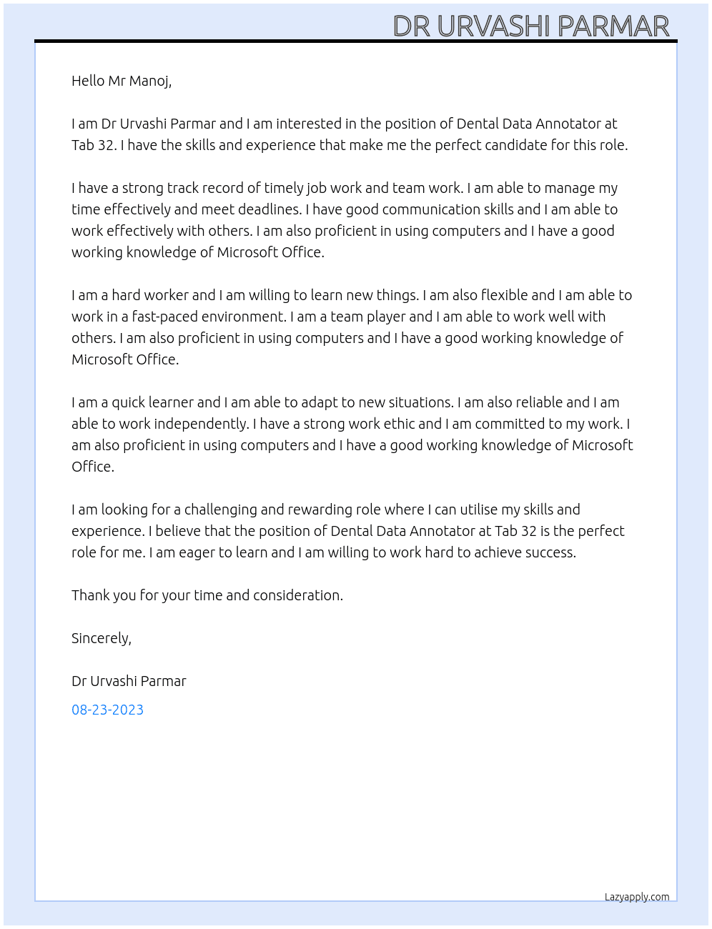 Dental Data Annotator  At Tab 32 Cover Letter