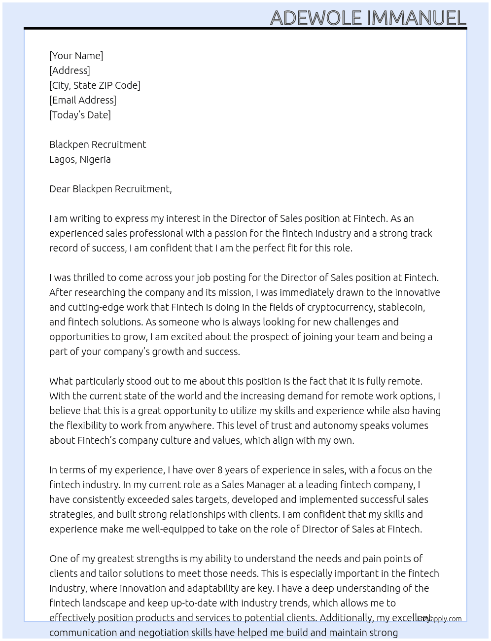 Director of Sales (Fintech/Cryptocurrency/Stablecoin/Fully Remote) At Fintech Cover Letter