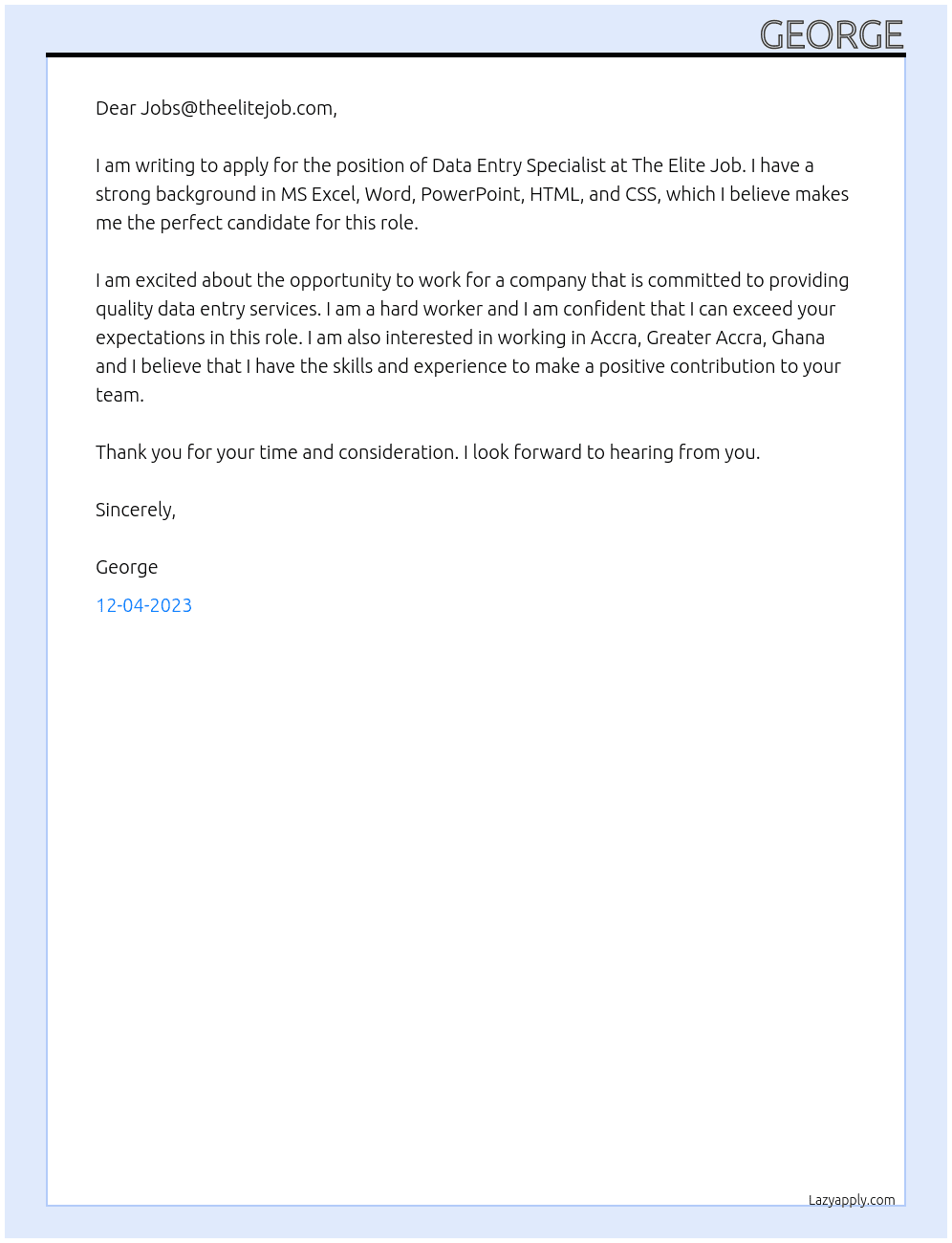 Data Entry Specialist At The Elite Job Cover Letter