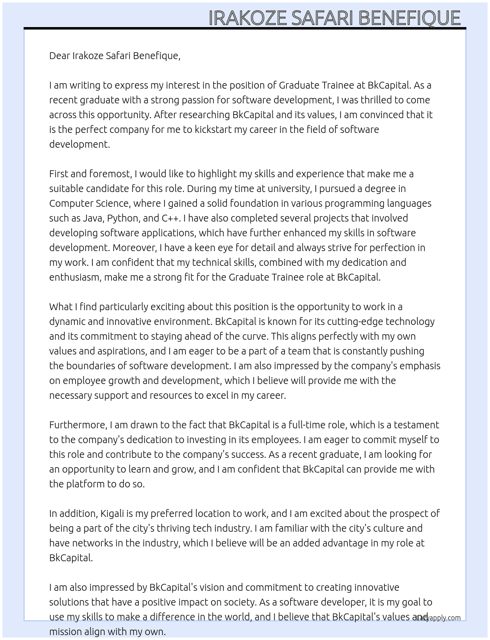 Graduate Trainee  At BkCapital  Cover Letter