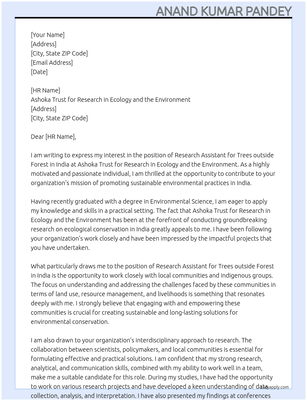 Research assistant for Trees outside forest in India  At Ashoka Trust for Research in Ecology and the Environment Cover Letter