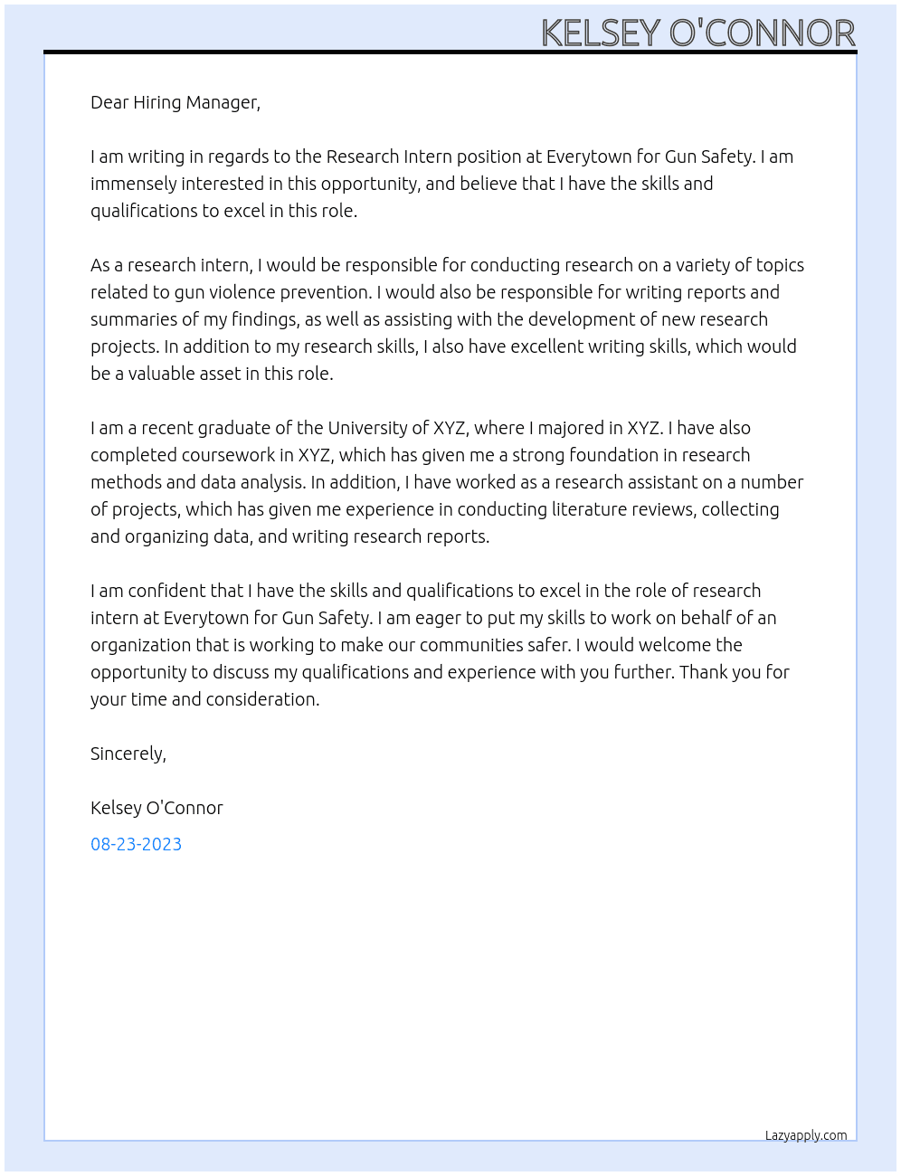 Research Intern At Everytown for Gun Safety Cover Letter