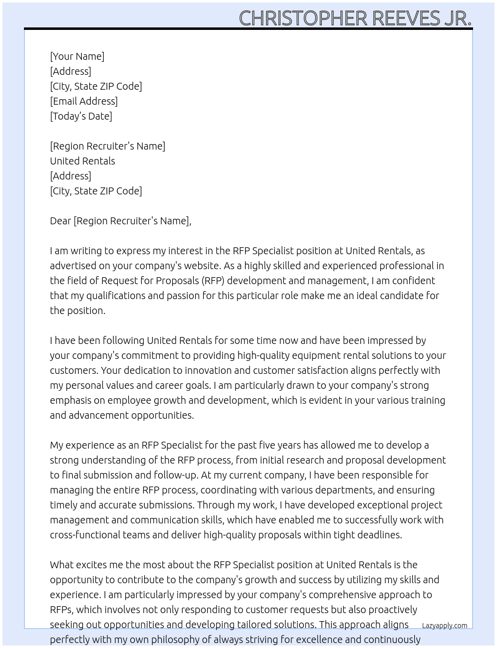RFP Specialist At United Rentals Cover Letter