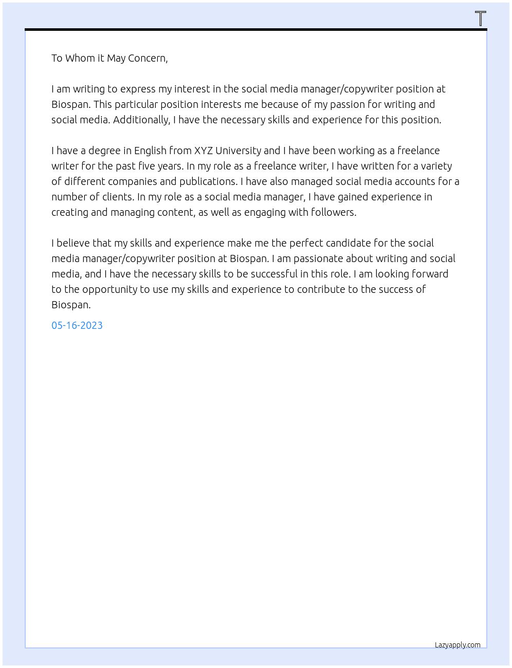 social media manager/copywriter At Biospan Cover Letter