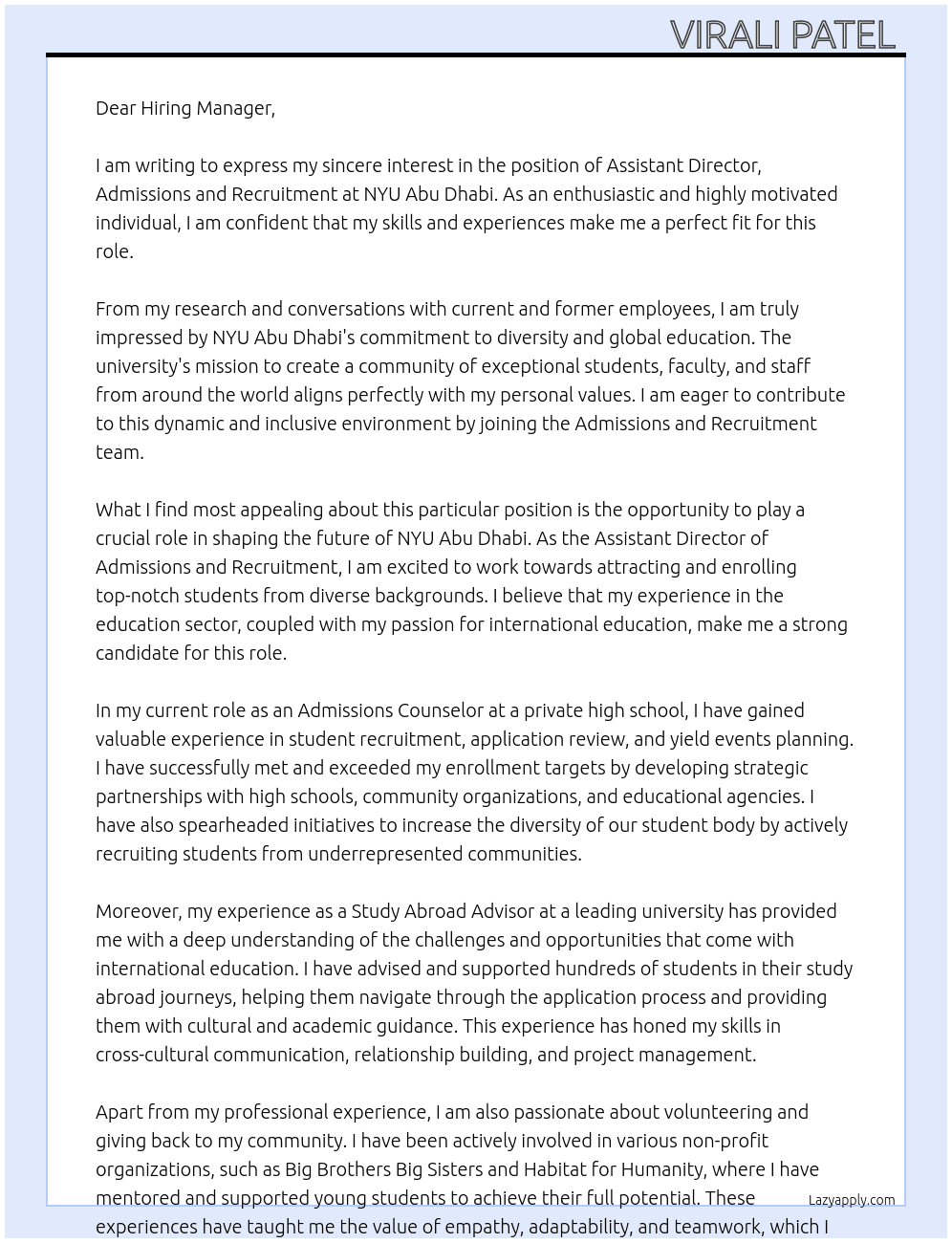 Assistant Director, Admissions and Recruitment At NYU Abu Dhabi Cover Letter