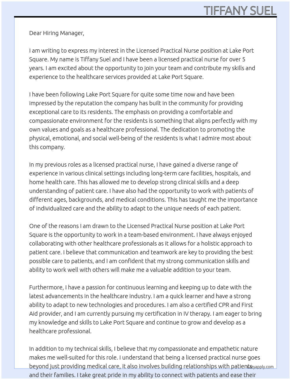 Licensed Practical Nurse At Lake Port Square  Cover Letter