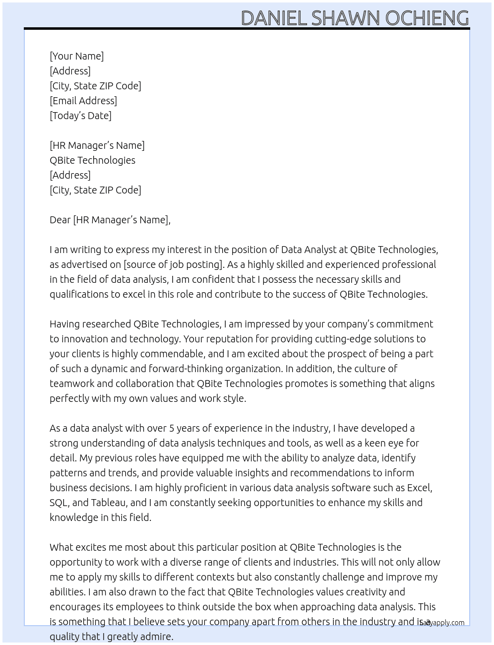 Data Analyst At QBite Technologies Cover Letter
