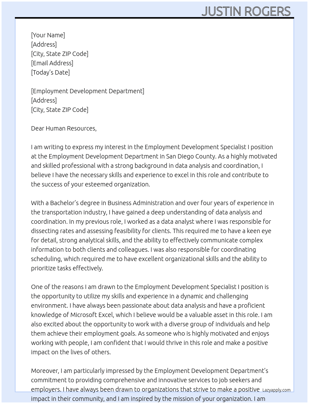 Employment Development Specialist I  At Employment Development Department  Cover Letter