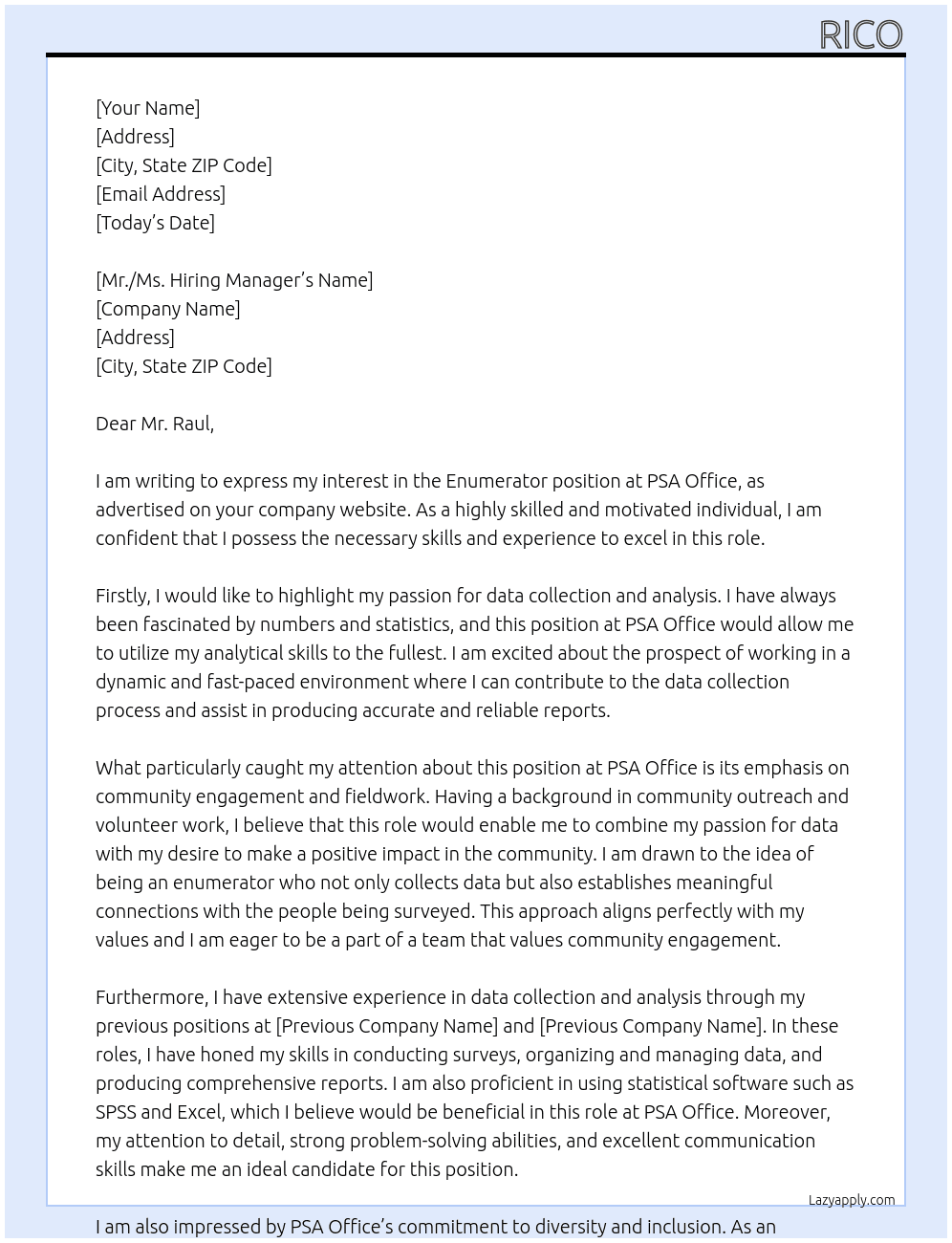 Enumerator At PSA Office Cover Letter