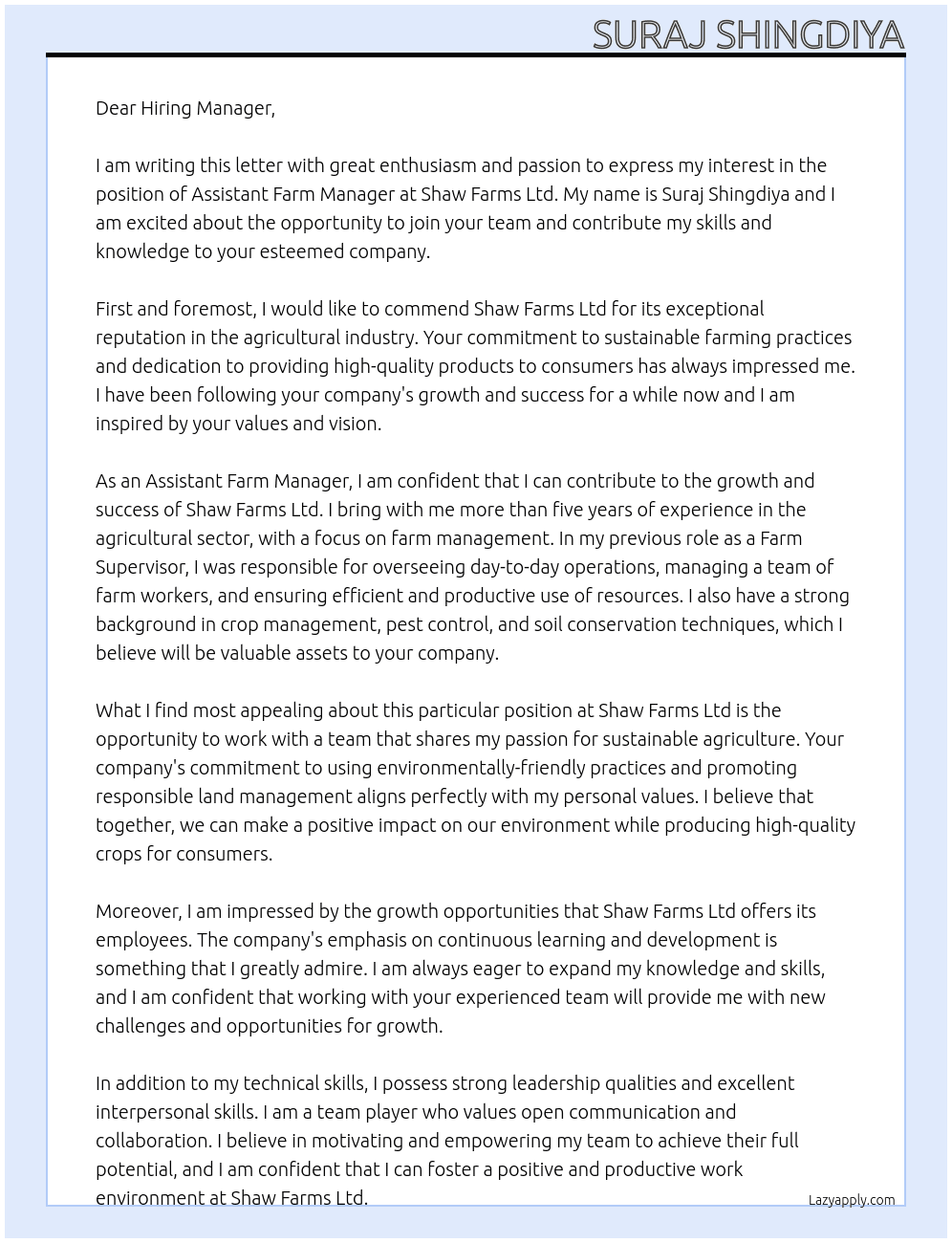 Assistant farm manager  At Shaw  Farms Ltd Cover Letter
