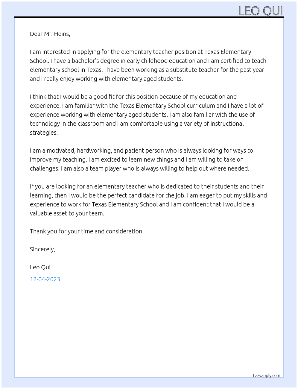 Elementary Teacher At Texas Elemetary School Cover Letter