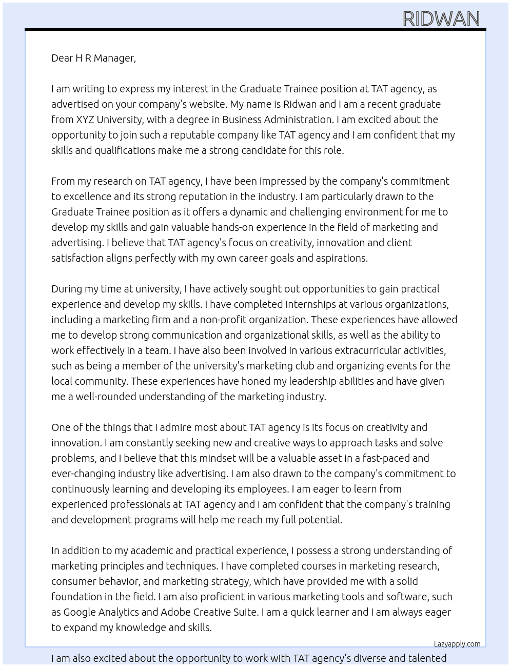 Graduate Trainee At TAT agency Cover Letter