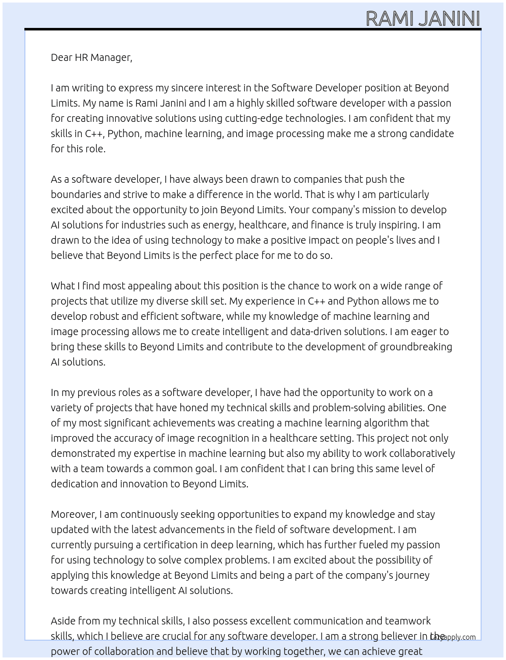 Software Developer At Beyond Limits Cover Letter