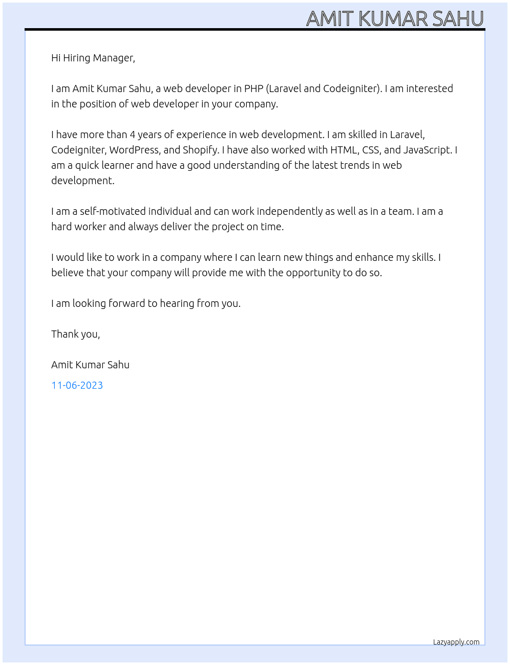 Web Developer in PHP(Laravel And Codeigniter) At Weberin Consultancy  Cover Letter