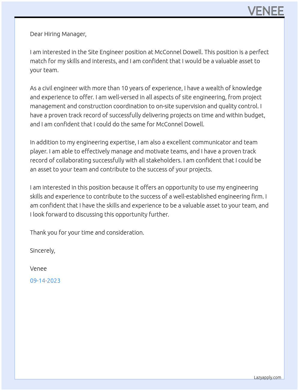 Site Engineer At McConnel Dowell Cover Letter