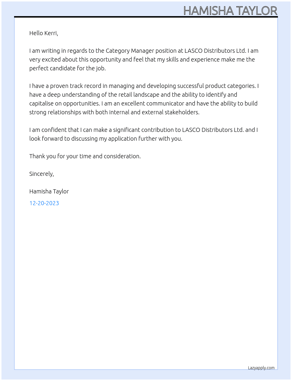 Category Manager At LASCO Distributors Ltd. Cover Letter