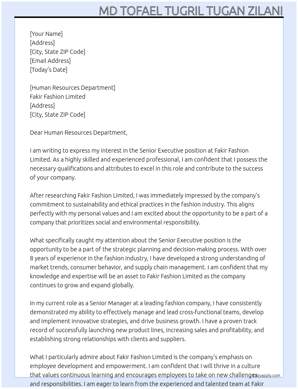 Senior Executive At Fakir Fashion Limited Cover Letter