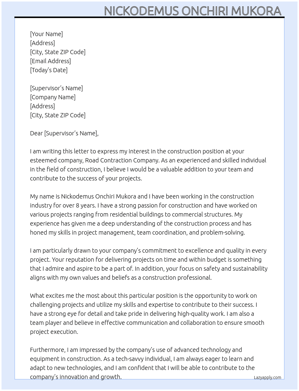 construction  At road contraction company  Cover Letter