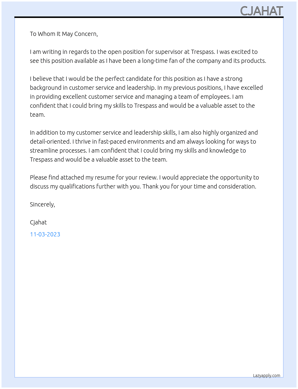 Supervisor  At Trespass  Cover Letter