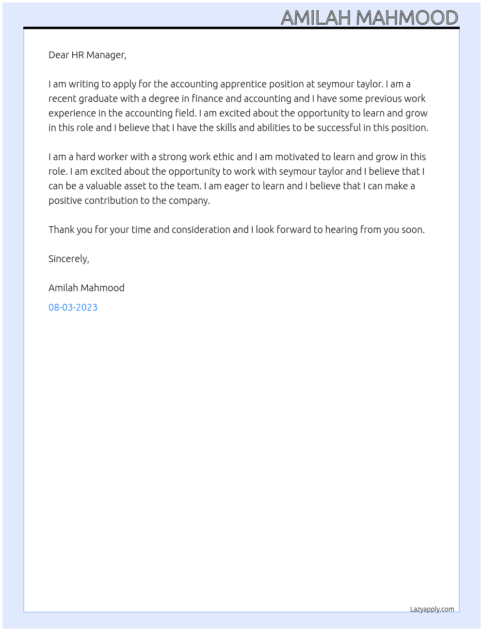 accounting apprentice At seymour taylor Cover Letter