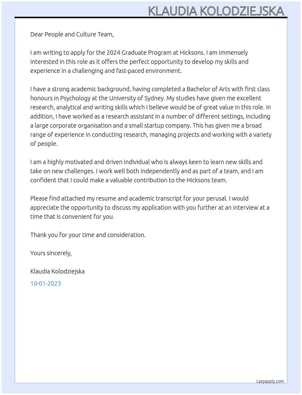 2024 Graduate Program  At Hicksons  Cover Letter