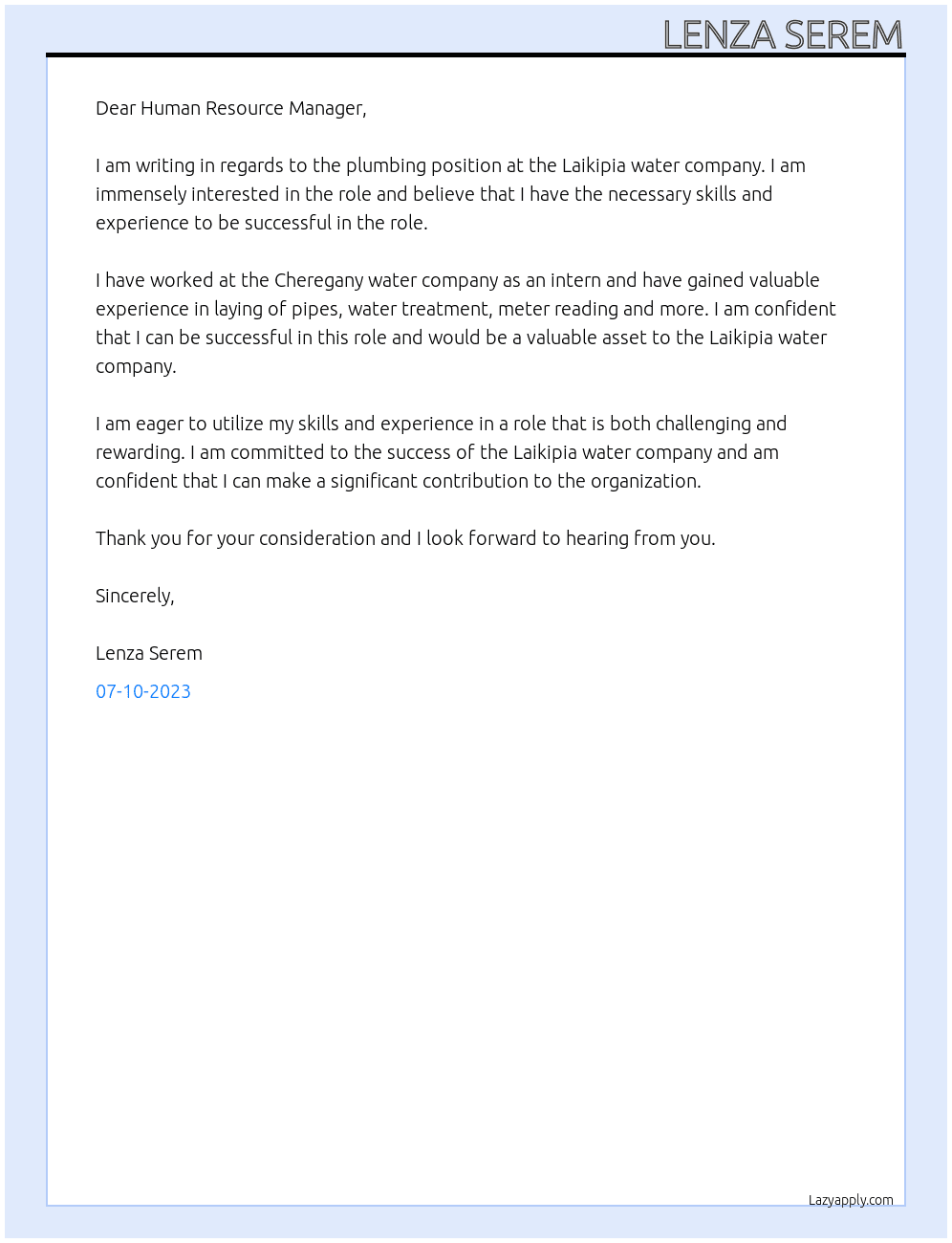 Plumbing At Laikipia water company Cover Letter