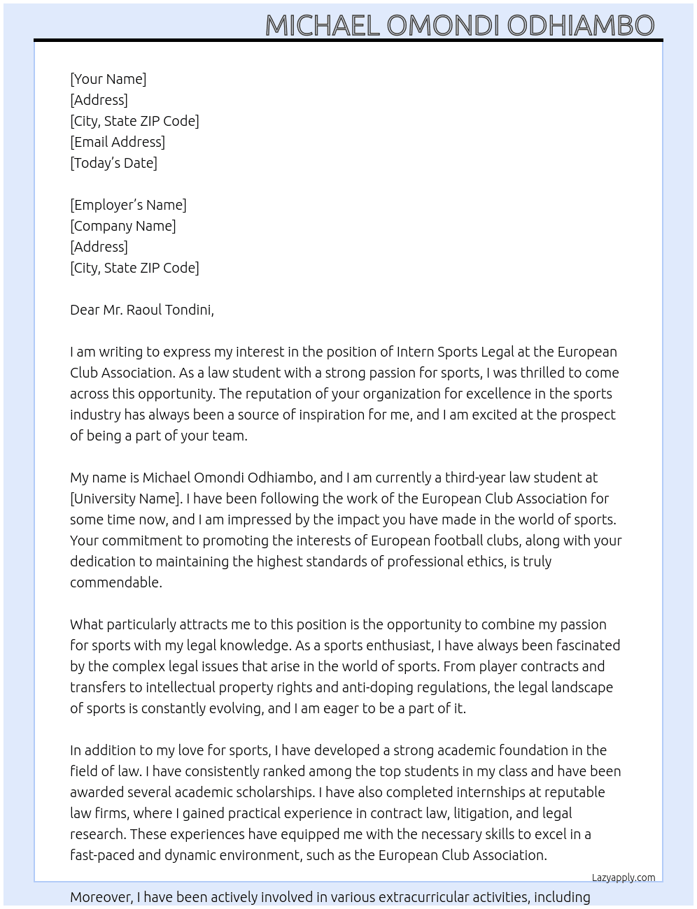 Intern Sports Legal At European Club Association  Cover Letter