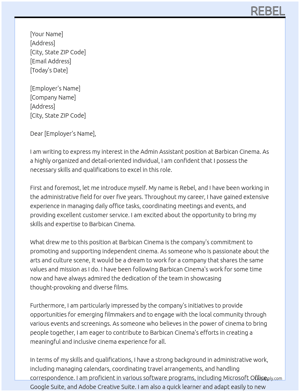 admin assistant At Barbican Cinema Cover Letter