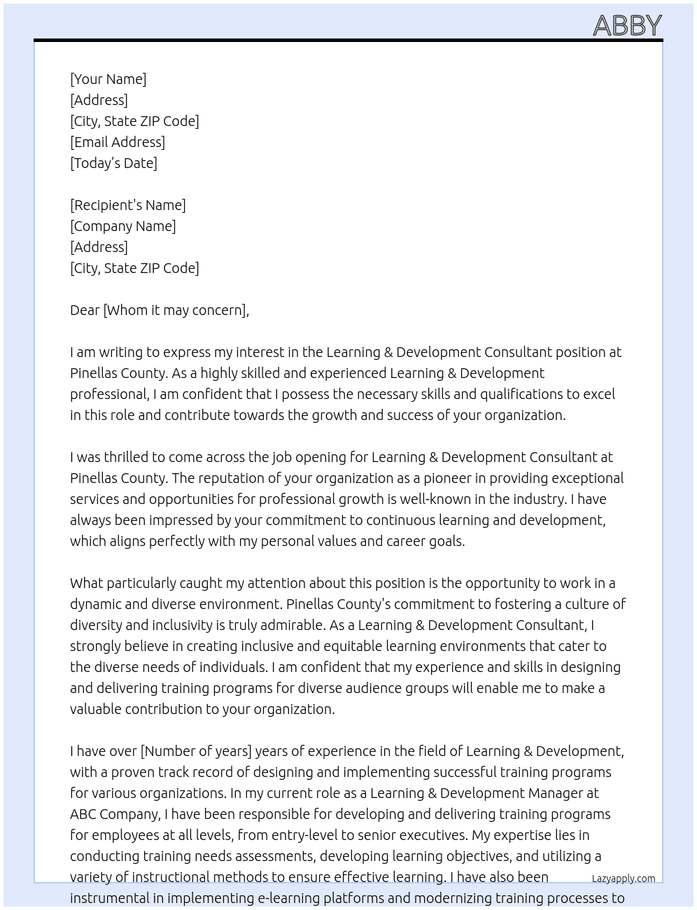 Learning & Development Consultant At Pinellas County Cover Letter