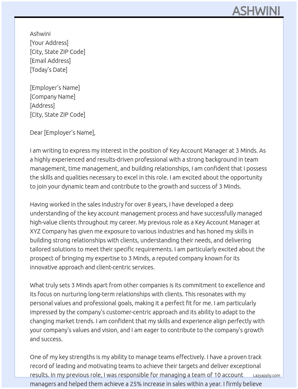 key account manager  At 3 minds  Cover Letter