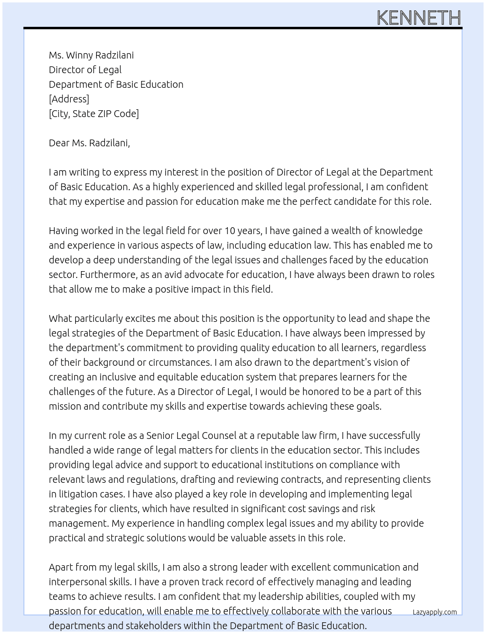 DIRECTOR LEGAL At department of basic education Cover Letter