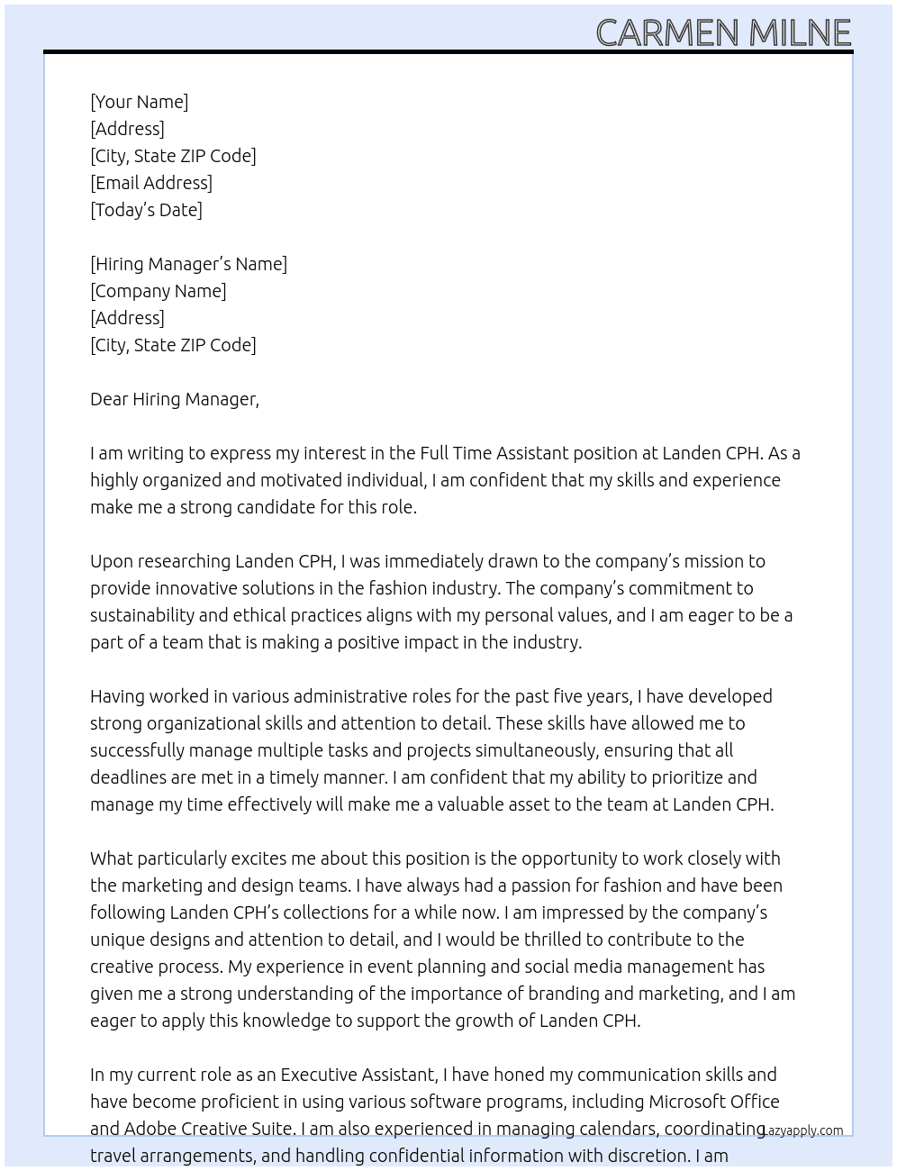 Full Time Assistant  At Landen CPH Cover Letter