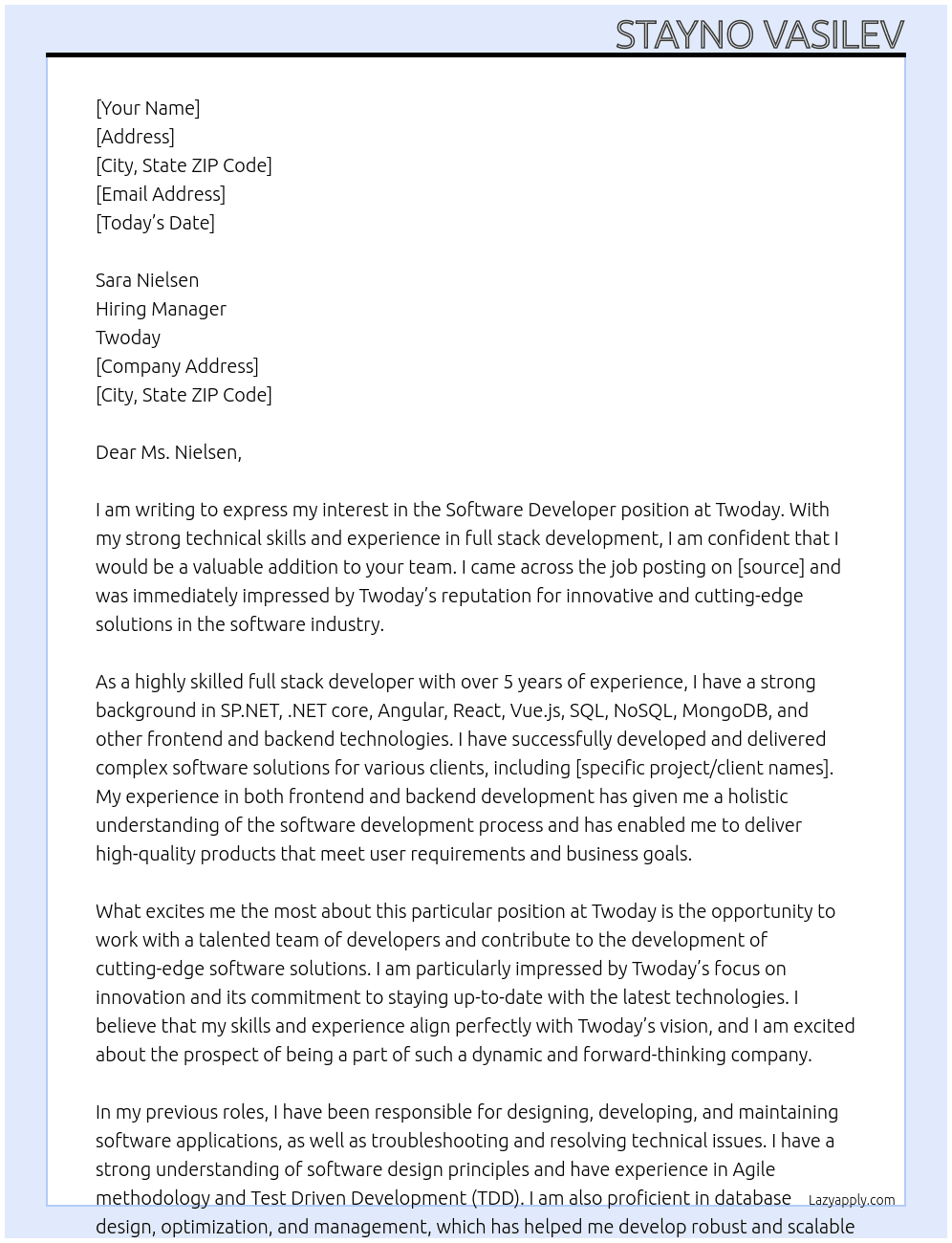Software Developer At twoday Cover Letter
