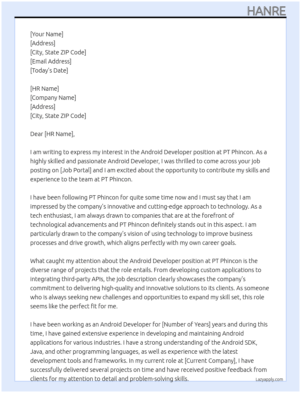 Android Developer At PT Phincon Cover Letter