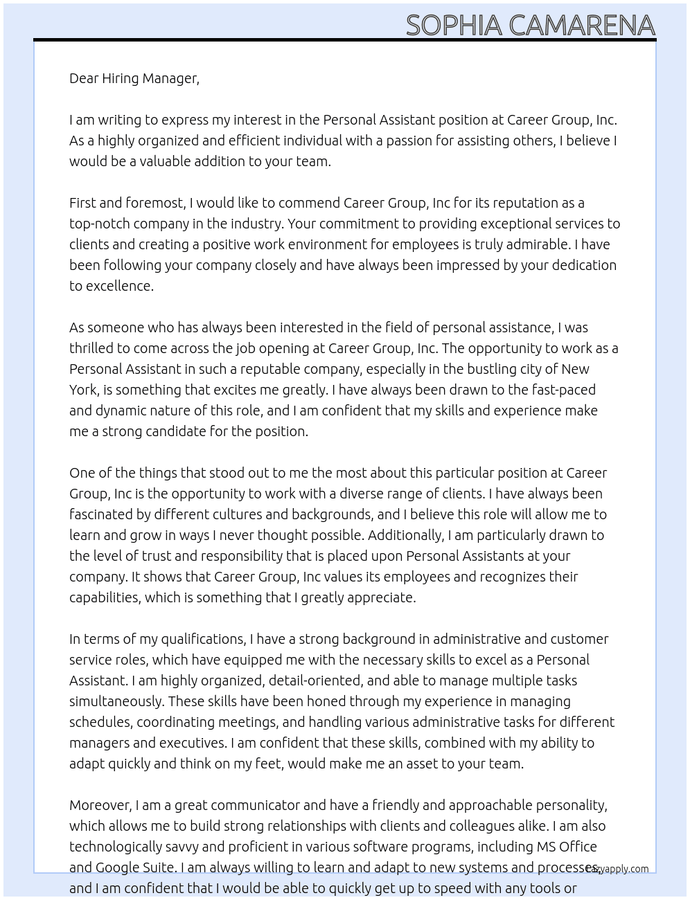 Personal Assistant At Career Group, Inc Cover Letter