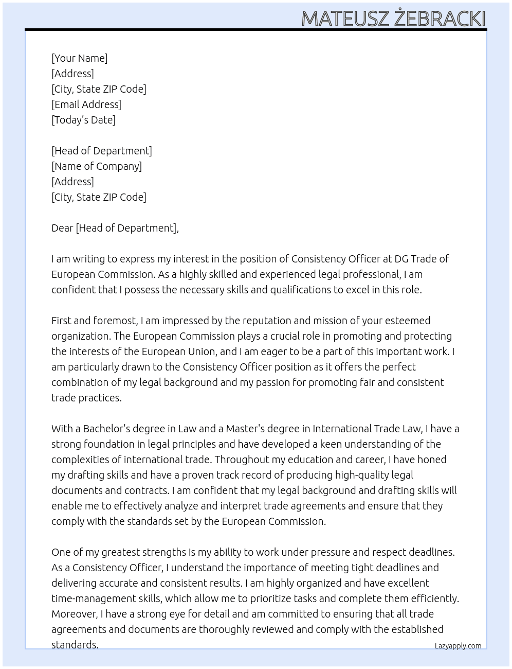 Consistency Officer At DG Trade of European Commission  Cover Letter