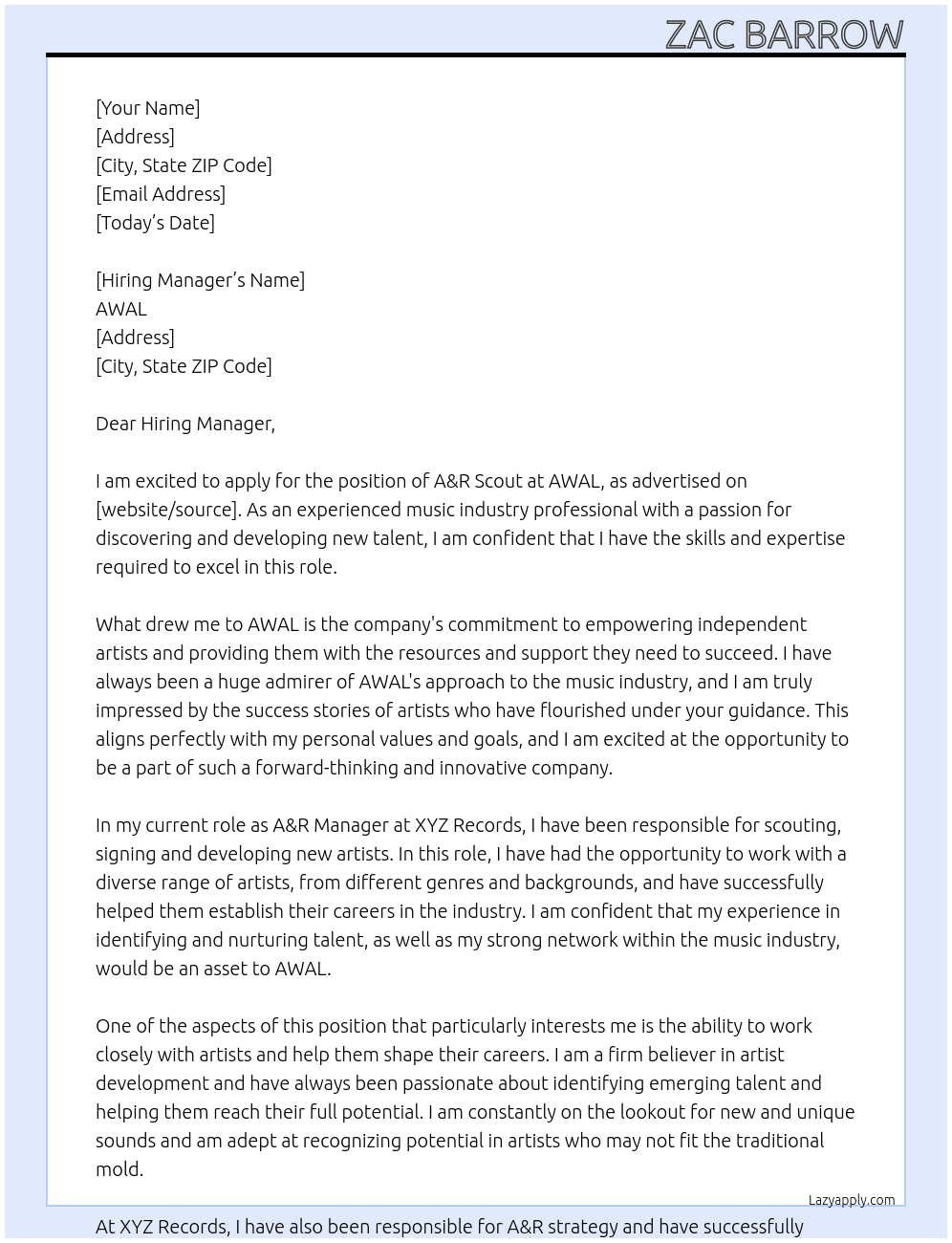 A&R Scout At AWAL Cover Letter