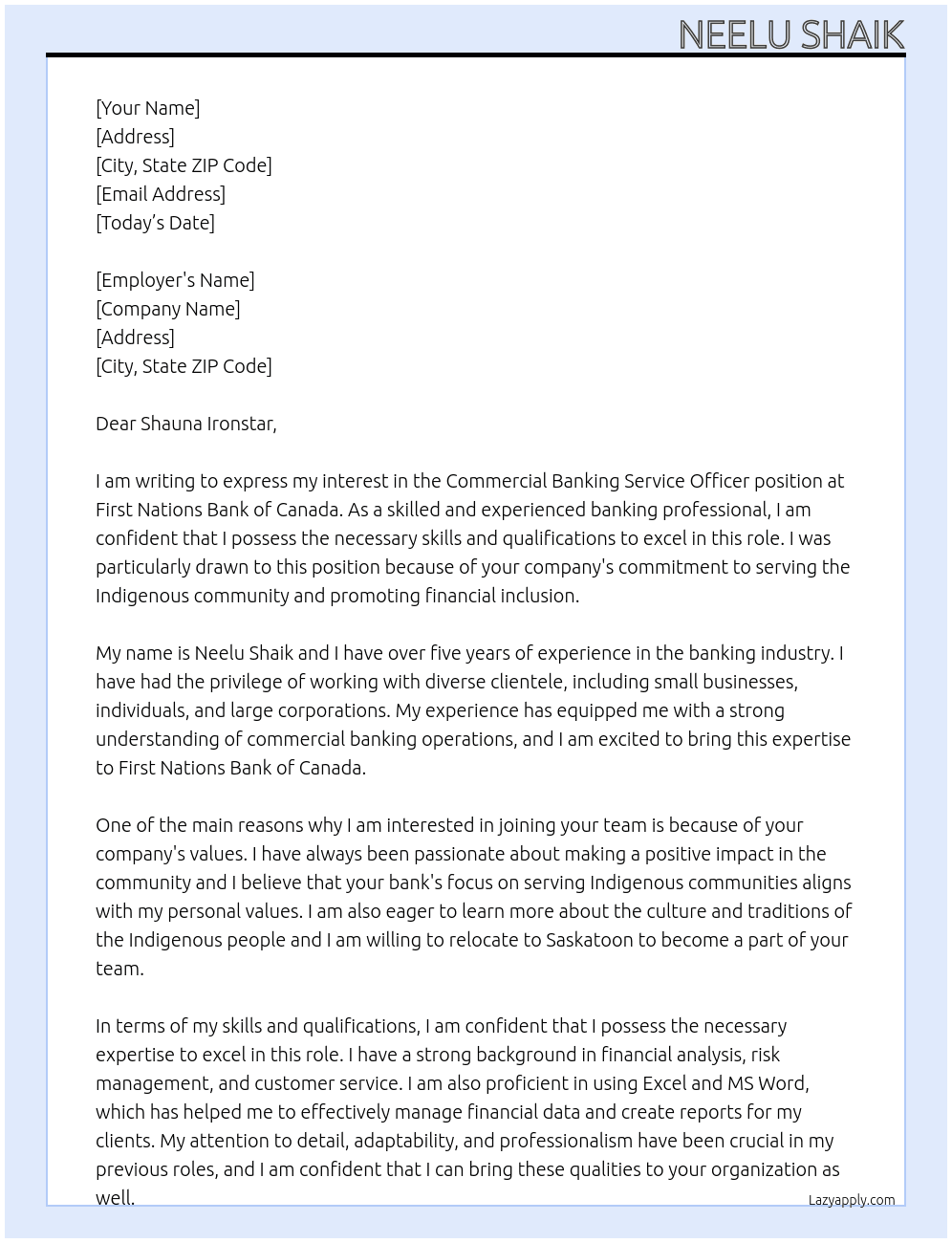 Commercial Banking Service Officer At First Nations Bank of Canada Cover Letter