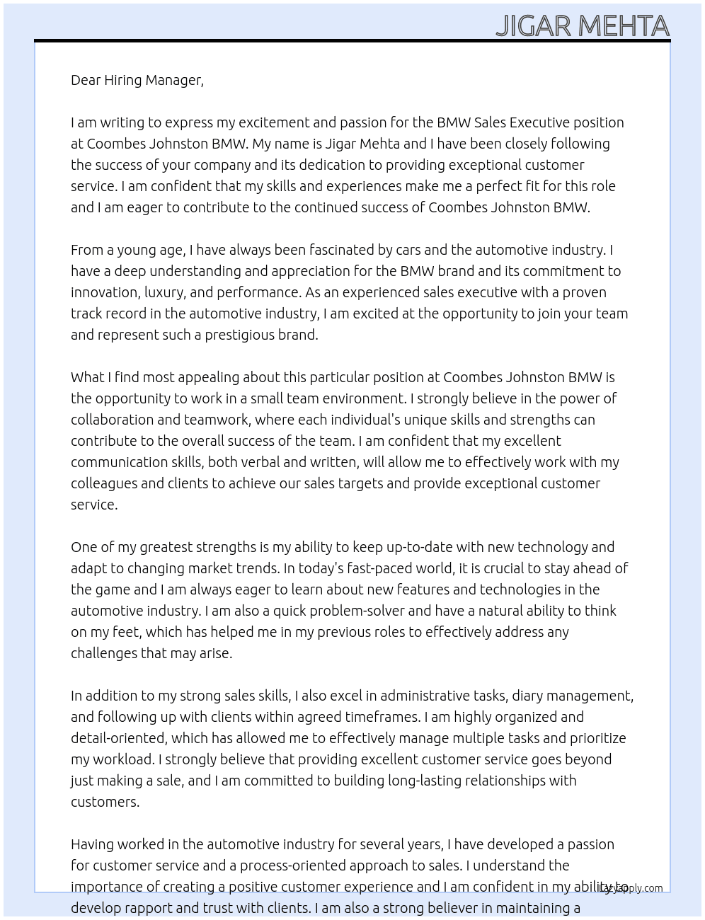 BMW Sales Executive At Coombes Johnston BMW Cover Letter